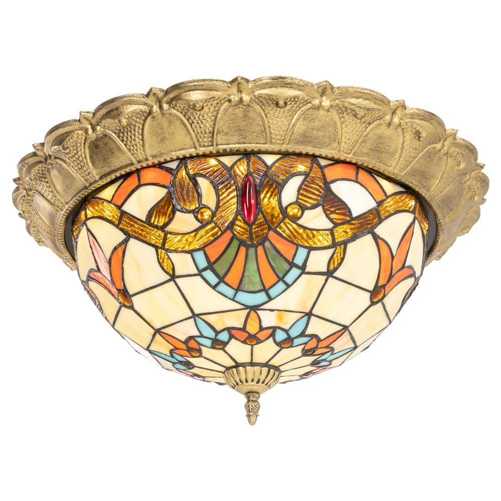 20.47 in. 36-Watt Gold European LED Flush Mount Ceiling Light with Stained Glass Shade - Hercitys
