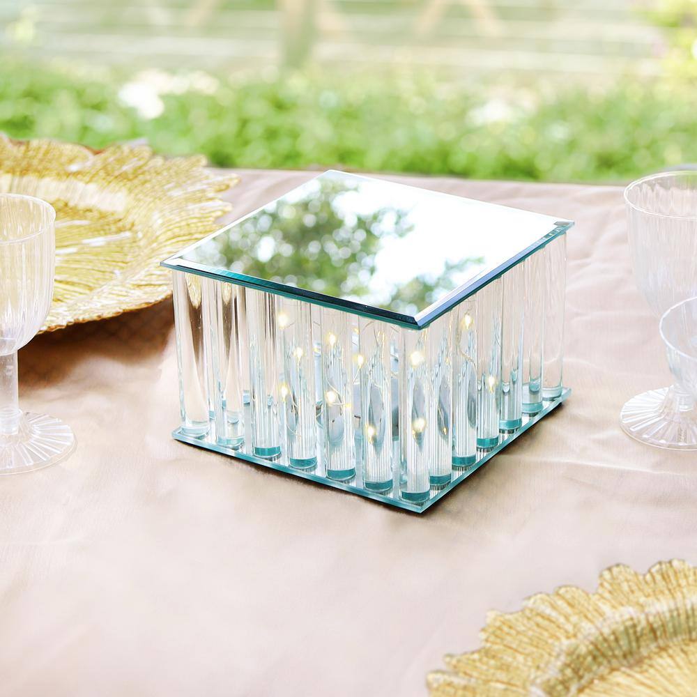 1-Tier Clear Square Mirror LED Fairy Light Up Glass Columns Cake Stand Dessert Display Tray 6 in. - Hercitys