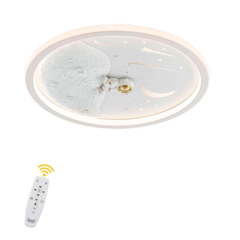 19.68 in. White Round Creative Astronaut Dimmable LED Flush Mount Ceiling Light with Remote for Bedroom Children’s Room - Hercitys