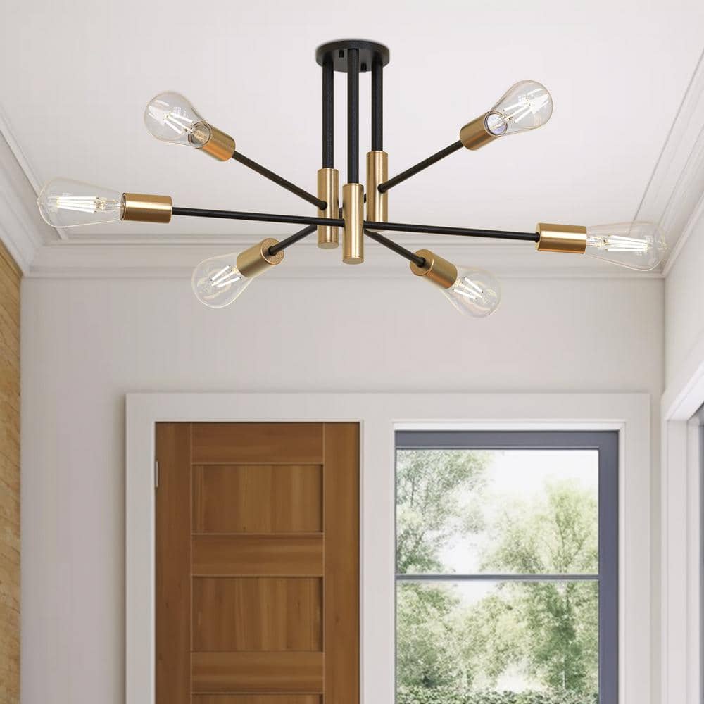 32.7 in. 6-Light Black Semi- Flush Mount with Aged Brass Socket Cups and No Bulb Included (1-Pack) - Hercitys