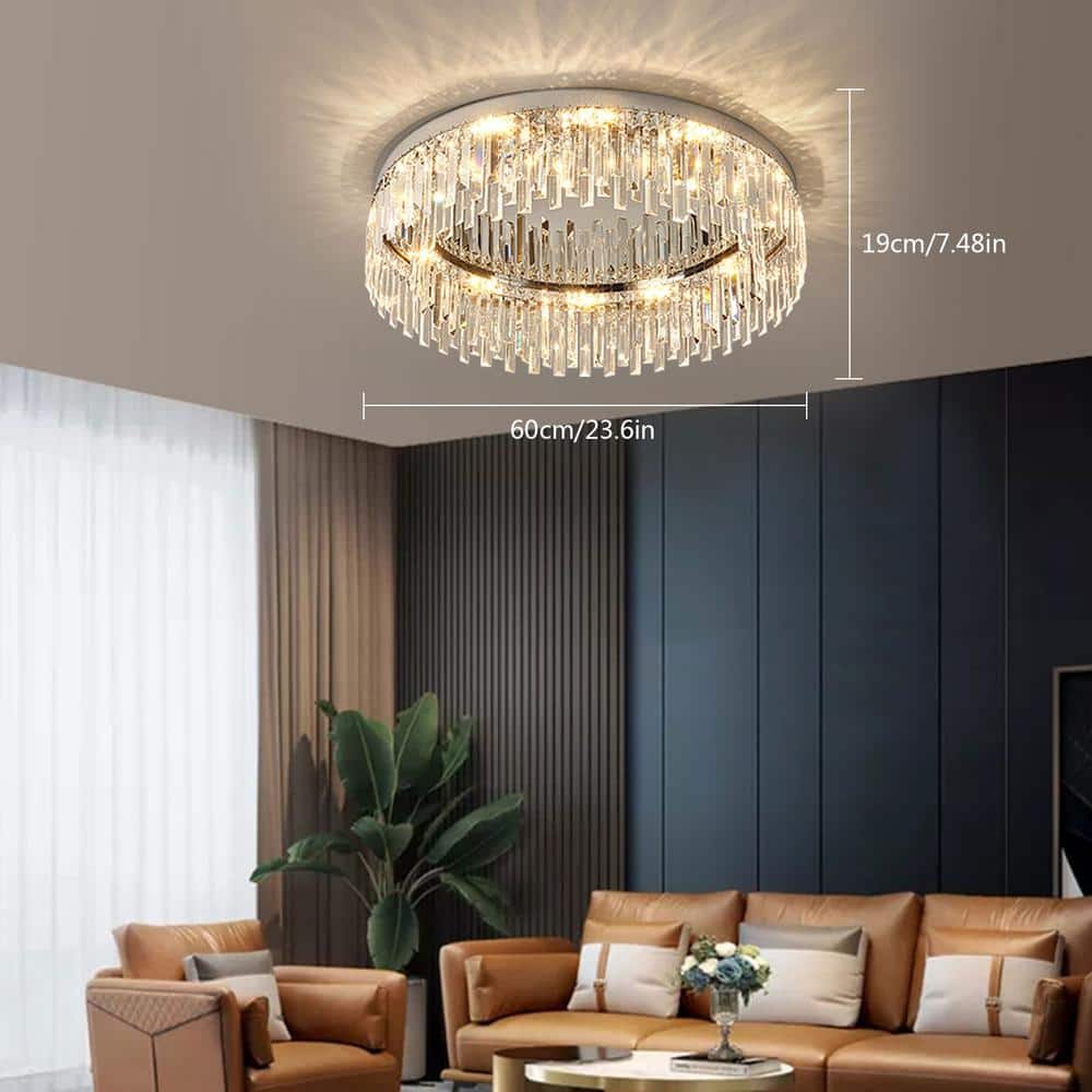23.6 in. 12-Light Modern Chrome Crystal 3-Color Selectable Flush Mount Ceiling Light - Hercitys