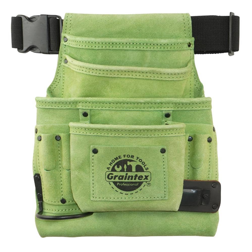 10-Pocket Nail and Tool Pouch with Belt Lime Green Suede Leather w/Hammer Holder and Measuring Tape Clip - Hercitys