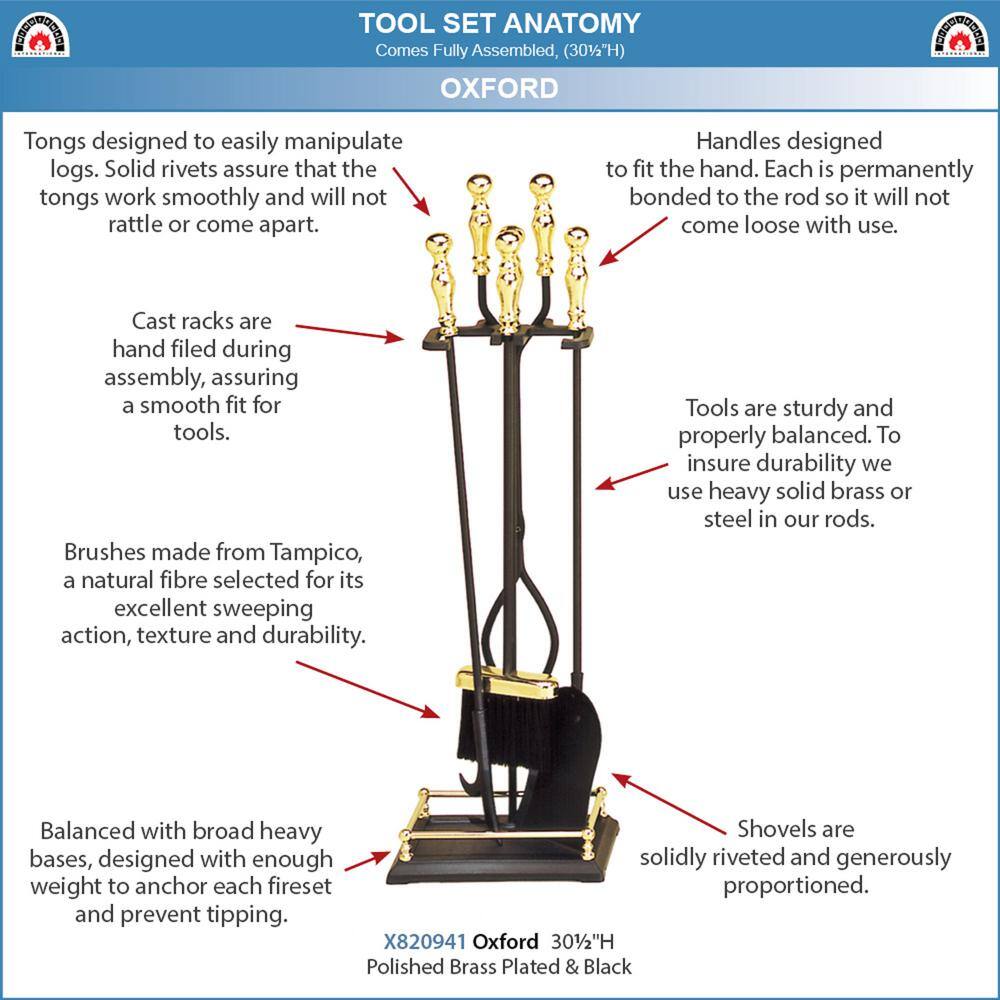 30.5 in. Tall 5-Piece Black and Polished Brass Oxford Fireplace Tool Set - Hercitys