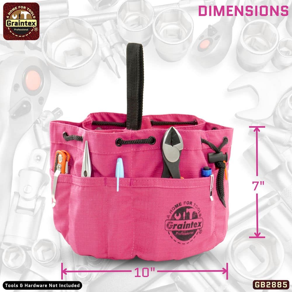 10 in. 18-Pocket Grab Tool Bag with Drawstring Closure in Pink Canvas - Hercitys