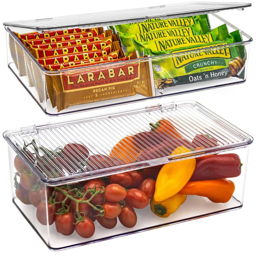 2 Pack Clear Plastic Storage Bins with deviders and Lids for fridge and Pantry Stackable organizer set - Hercitys