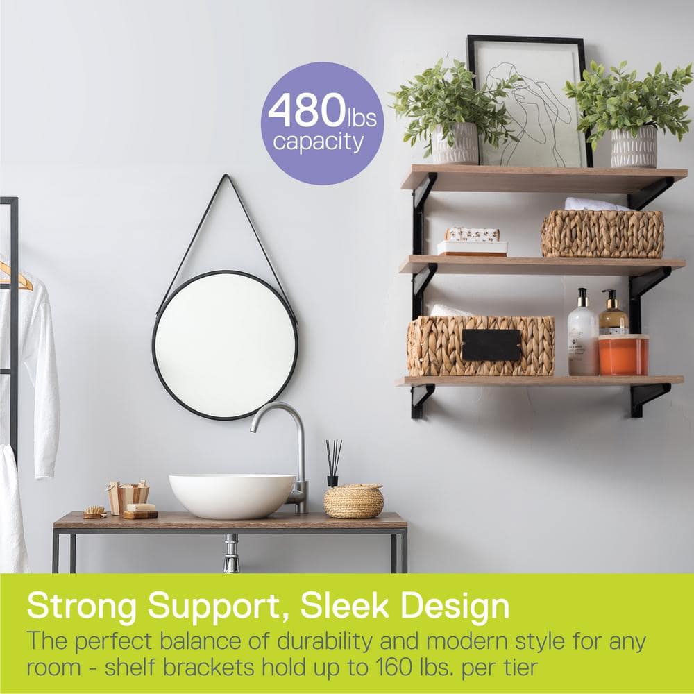 1.5 in. W 12 in. D x 21 in. H Black Heavy Duty Wall Rack, Holds 480 lbs., Adjustable 3-Tier Steel Garage Wall Shelf - Hercitys