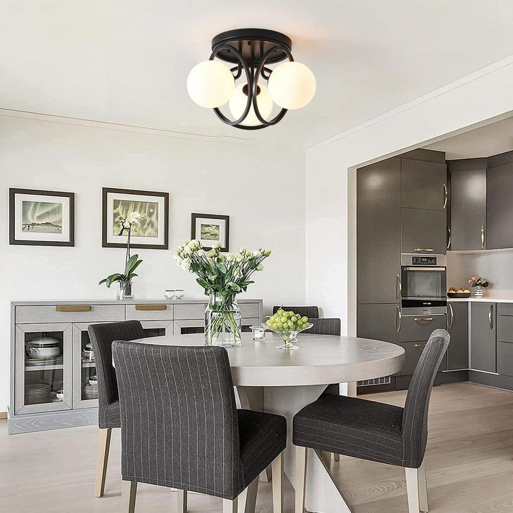 11.81 in. 3-Light Black Industrial Semi-Flush Mount Ceiling Light with Frosted Glass Shade - Hercitys