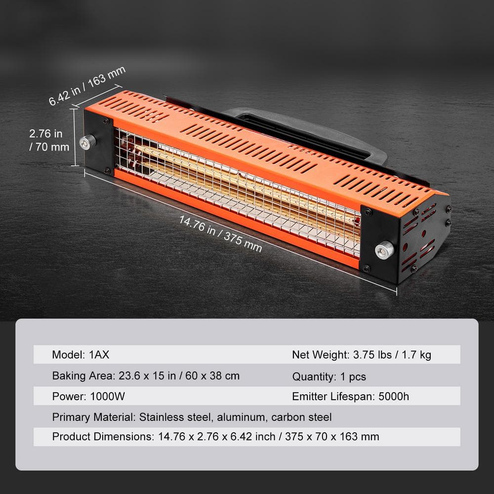 1000 W Infrared Heating Lamp Electric Compact Paint Drying Light 2.48 sq. ft. Coverage Space Heater Convection - Hercitys