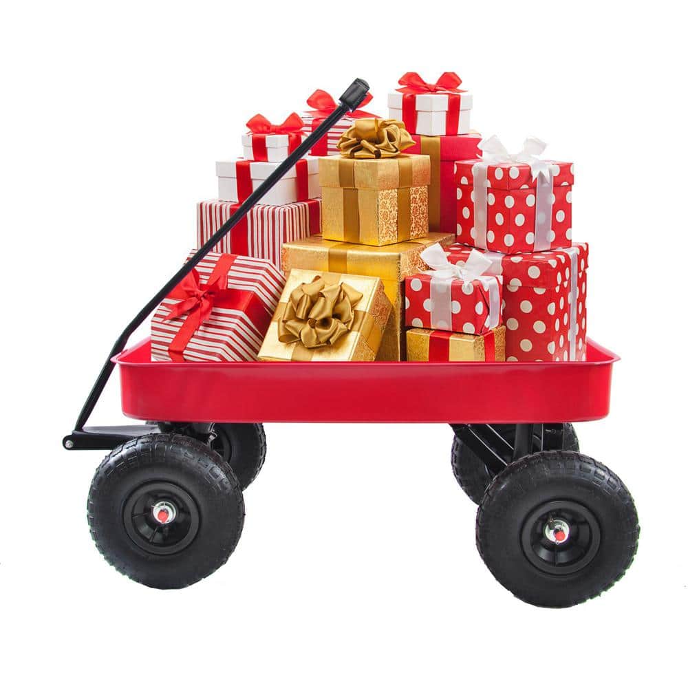 4.95 cu. ft. Red Steel Outdoor Wagon All Terrain Pulling Air Tires Children Kid Garden Cart - Hercitys