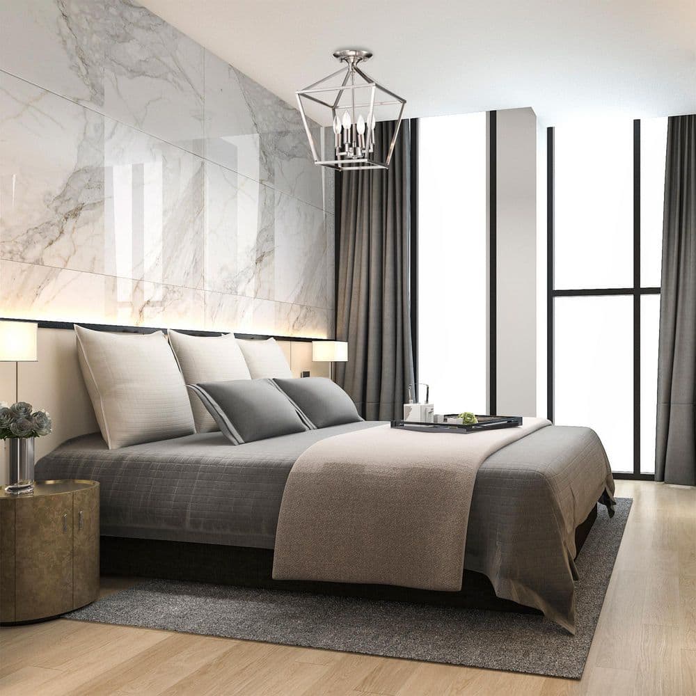 12 in. 4-Light Brushed Nickel Cage Lantern Farmhouse Semi-Flush Mount - Hercitys