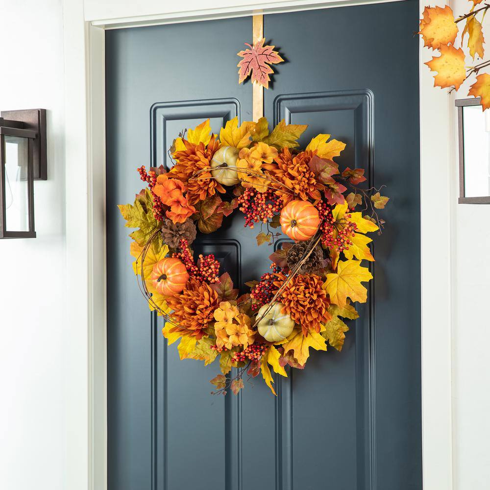 24 in. D Fall Unlit Dahlia Pumpkin, Leaf and Berry Wreath - Hercitys