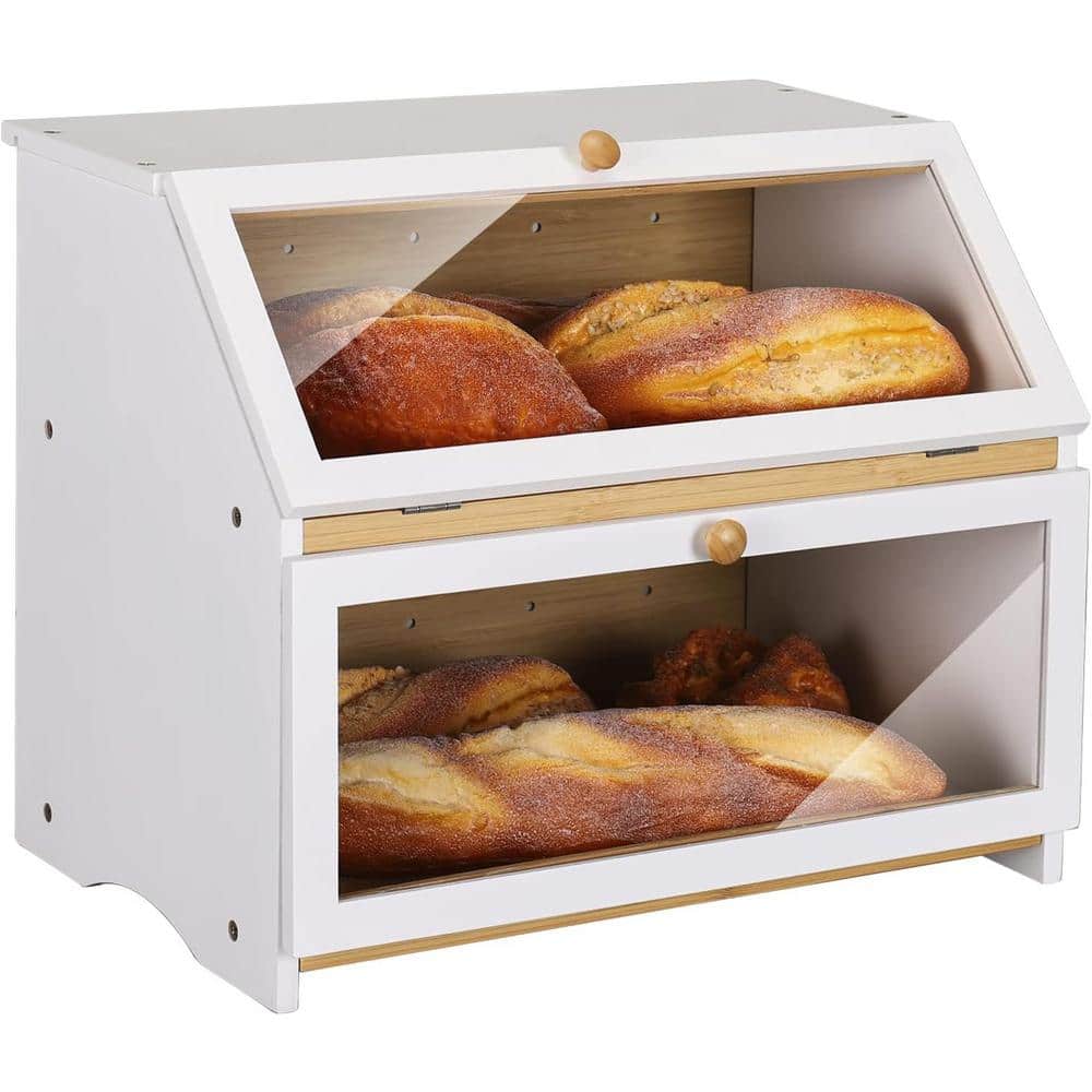 1 Piece Double Layer Bread Box for Kitchen Counter, Wooden Large Capacity Bread Storage Bin (White) - Hercitys
