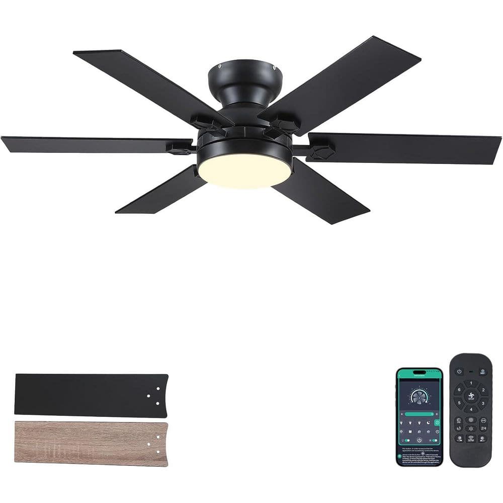 46 in. Indoor/Outdoor 6-Speed Black Ceiling Fan with Integrated Dimmable LED Light and Remote/APP Control - Hercitys