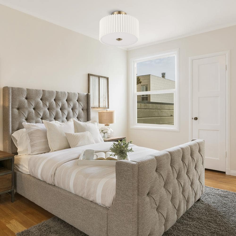 13 in. 2-Light Gold Semi Flush Mount with Pleated Drum Shade - Hercitys