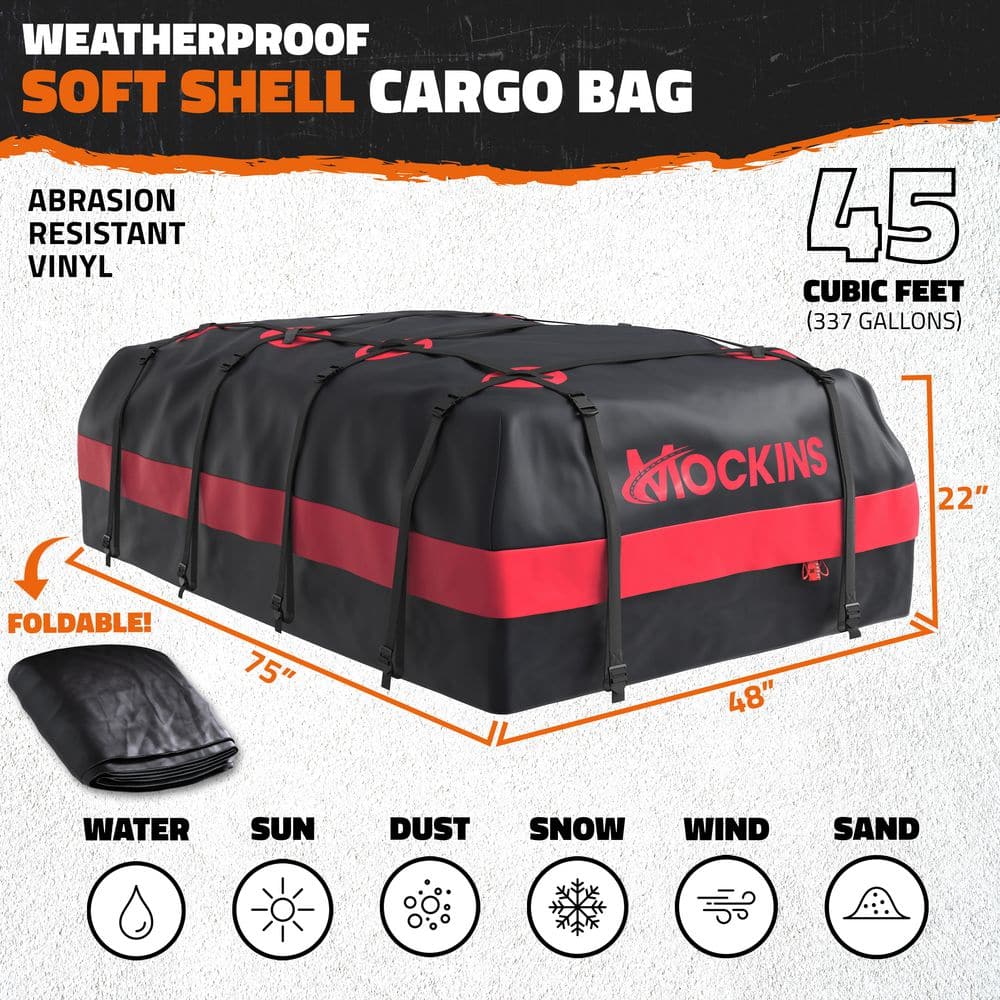 45 Cu Ft. Red Waterproof Roof Top Cargo Bag (75 in. x 48 in. x 22 in.) with PVC Mat, Straps, Hooks, Lock and Carry Case - Hercitys