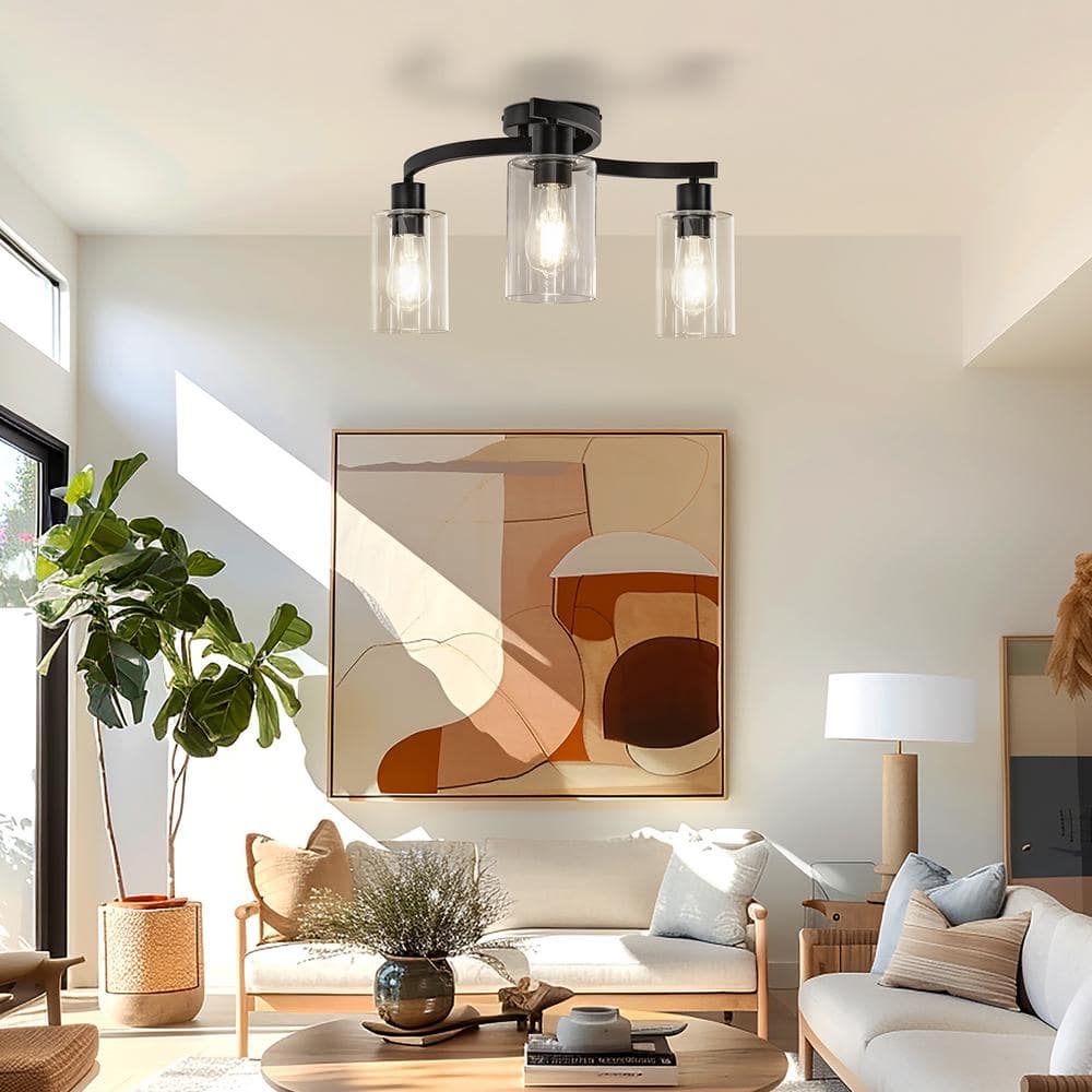 11.8 in. 3-Light Semi-Flush Mount Ceiling Light, Matte Black Bedroom Light Fixtures with Clear Glass Shades - Hercitys