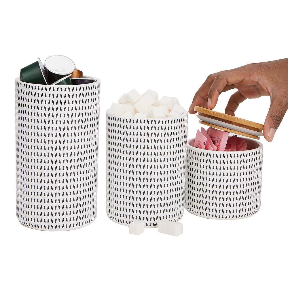 3-Piece Ceramic Canister Set Sugar Container Coffee Storage 4 in. L x 4 in. W x 7 in. H, Black and White - Hercitys
