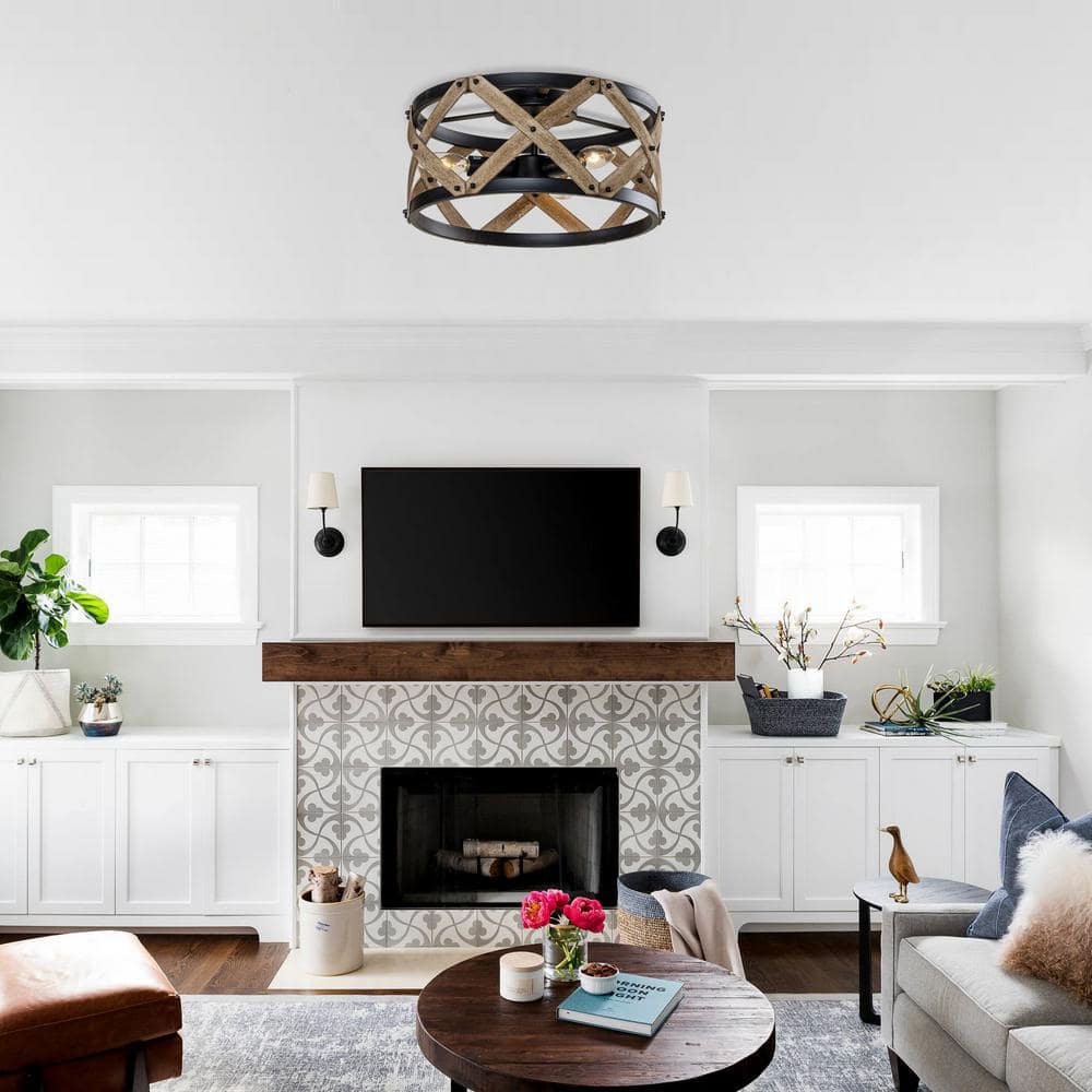 15 in. 3-Light Black and Distressed Wood Farmhouse Drum Flush Mount Ceiling Light for Hallway - Hercitys