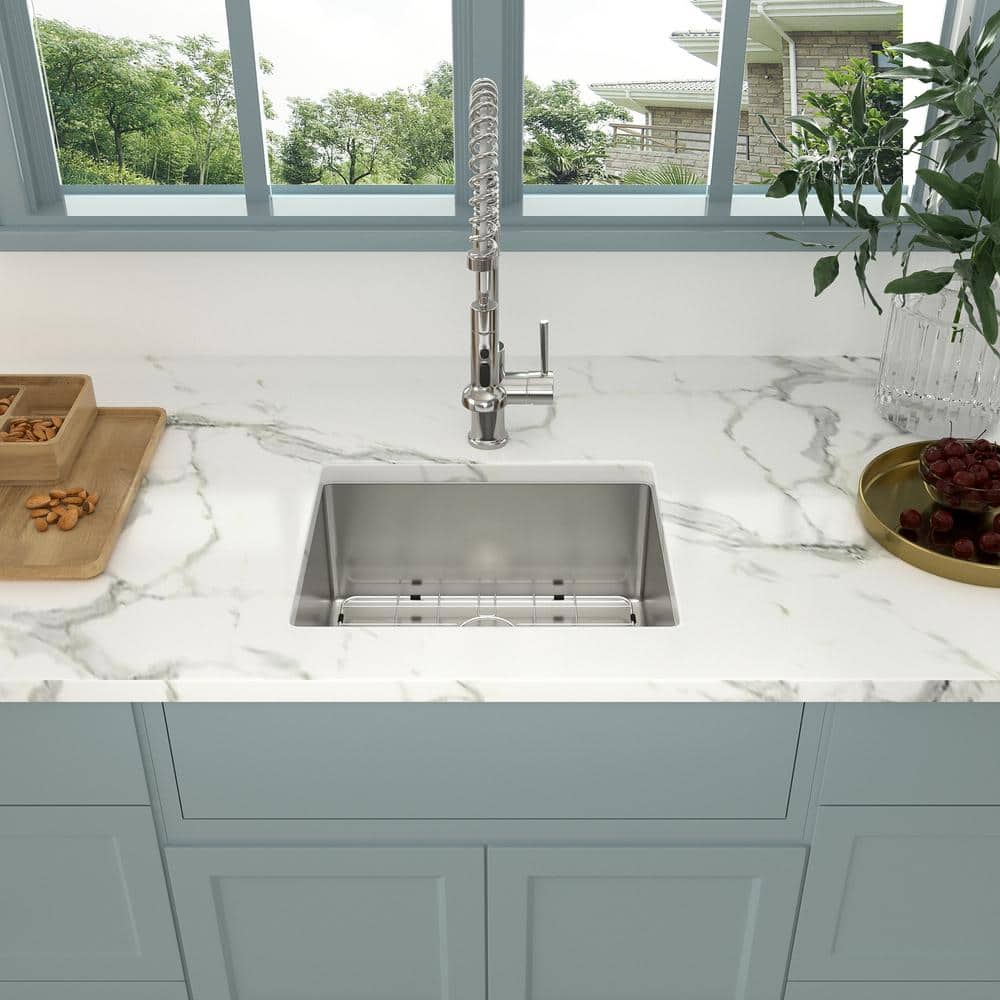 21 in. Undermount Sink Single Bowl 16-Gauge Brushed Stainless Steel Kitchen Sink with Bottom Grid and Drying Rack - Hercitys