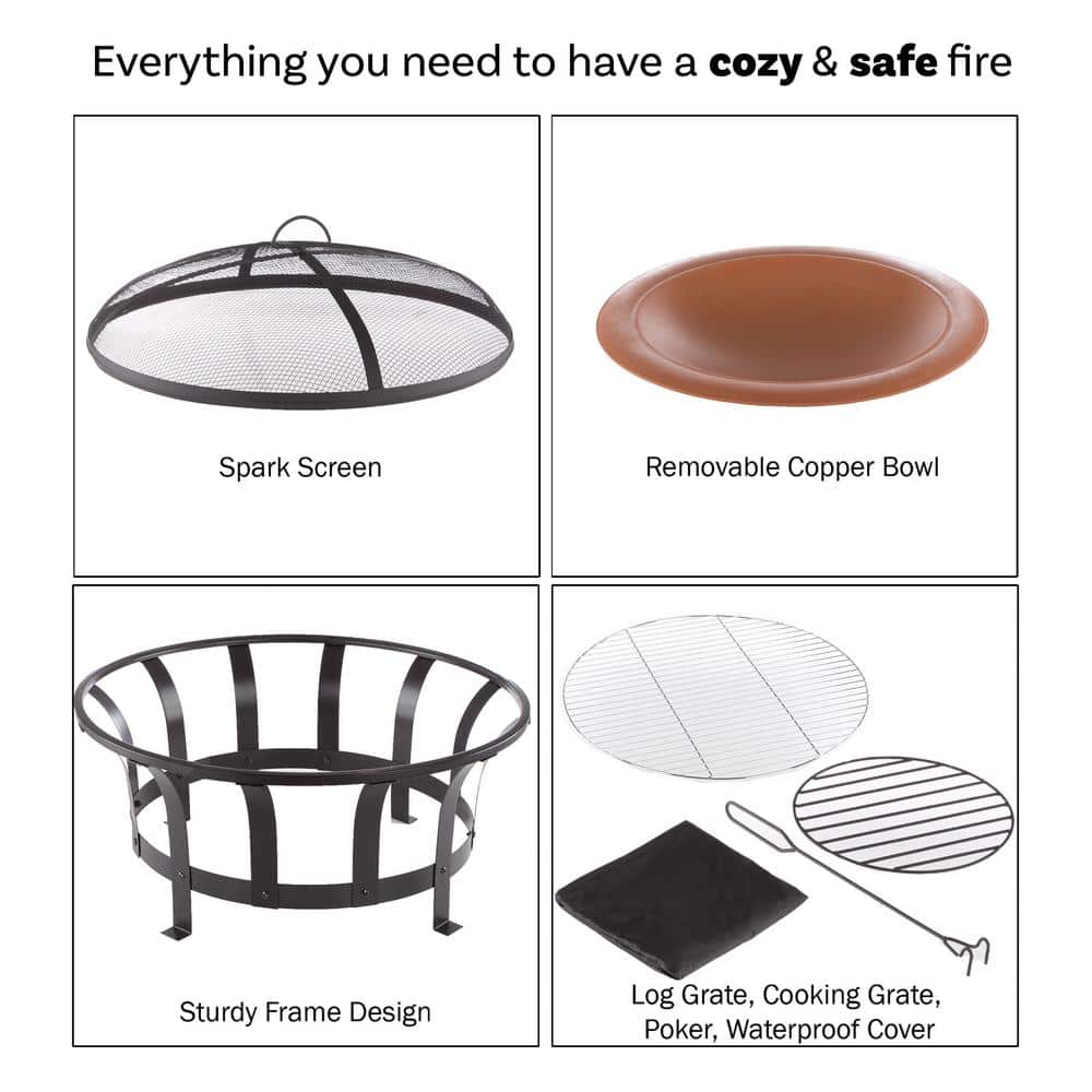 30 in. W x 20 in. H Round Steel Wood Burning Outdoor Deep Fire Pit in Copper/Black with Grilling Grate - Hercitys