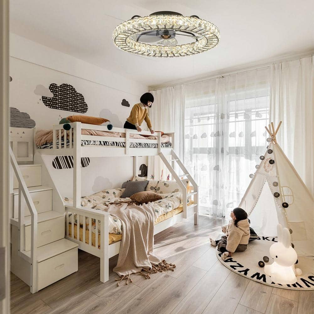 22 in. LED Indoor White Crystal Ceiling Fan with Modern Light White Flush Mount Fan for Bedroom - Hercitys