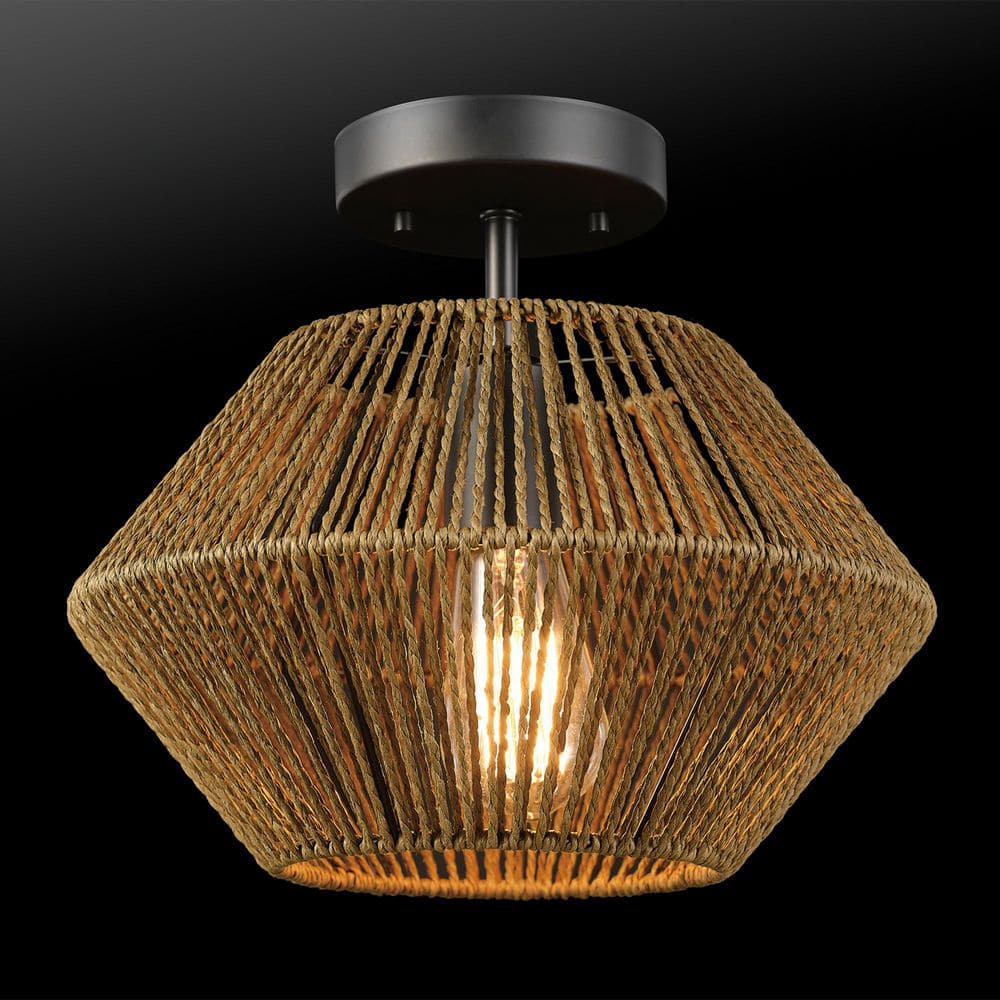 12 in. 1-Light Matte Black Flush Semi-Flush Mount Ceiling Light with Natural Twine Shade - Hercitys
