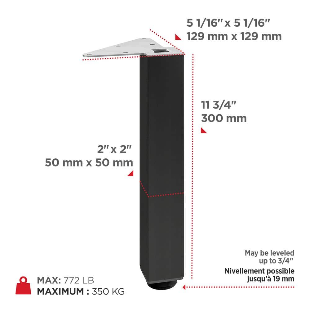 (4-Pack) 11 3/4 in. (300 mm) Matte Black Metal Square Furniture Leg with Leveling Glide - Hercitys