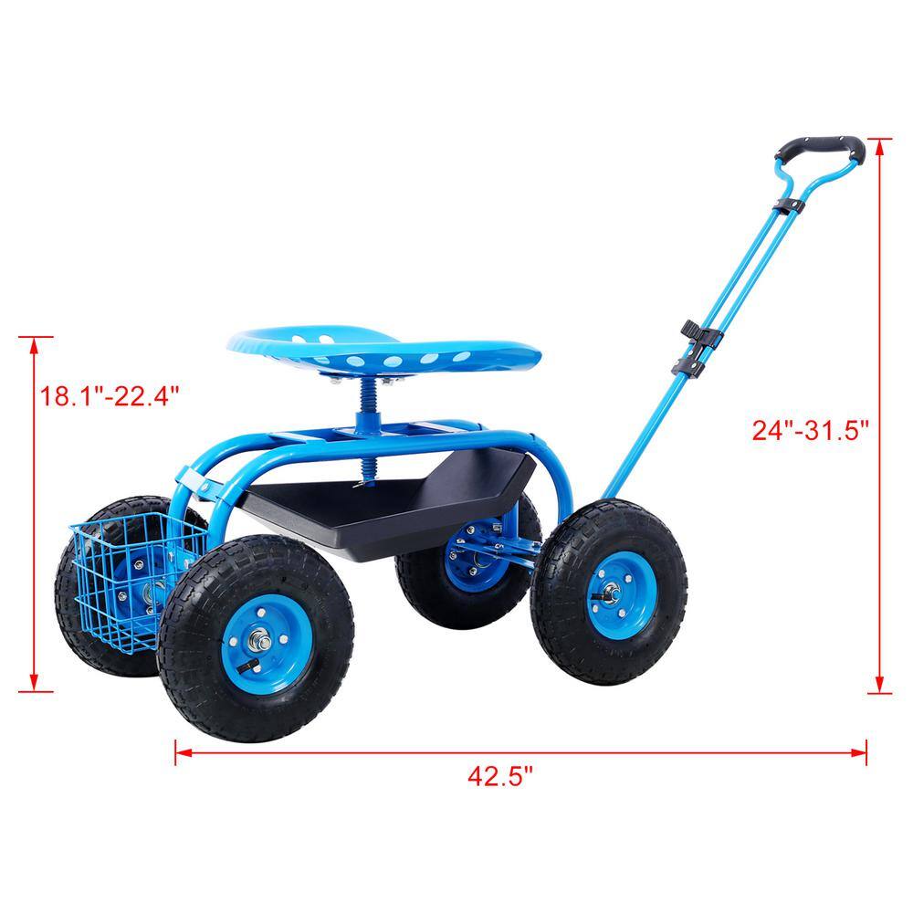 4 cu. ft. Blue Steel Rolling Garden Scooter Garden Cart Seat with Wheels and Tool Tray, 360 Swivel Seat - Hercitys