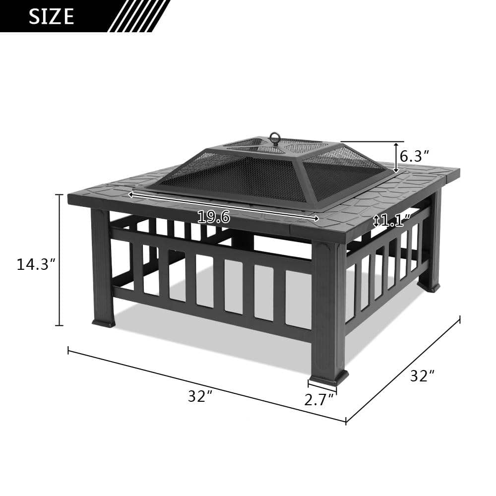 32 in. W x 14 in. H Square Metal Wood Burning Outdoor Fire Pit Table in Black - Hercitys