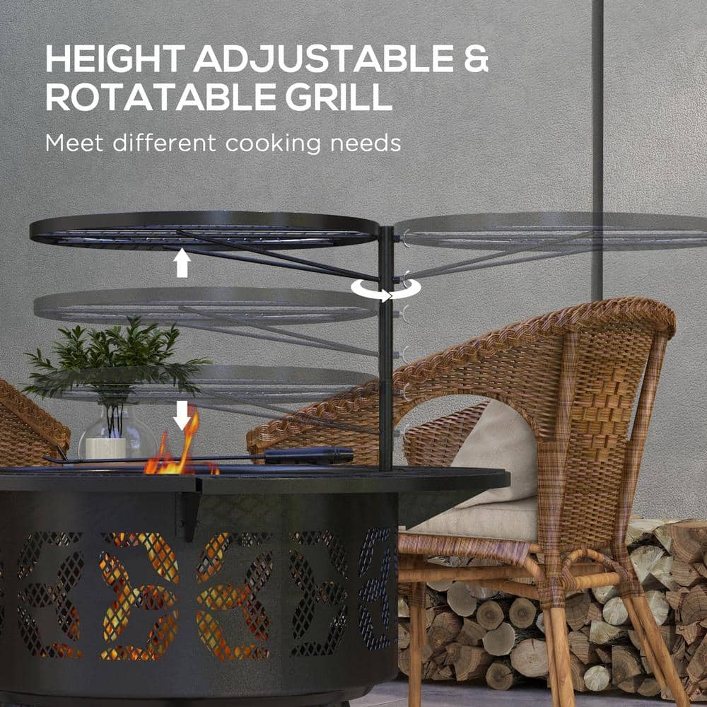 33 in. Round Outdoor 2-in-1 Wood Burning Fire Pits with Adjustable Cooking Grate Poker for Outdoor BBQ Bonfire, Black - Hercitys