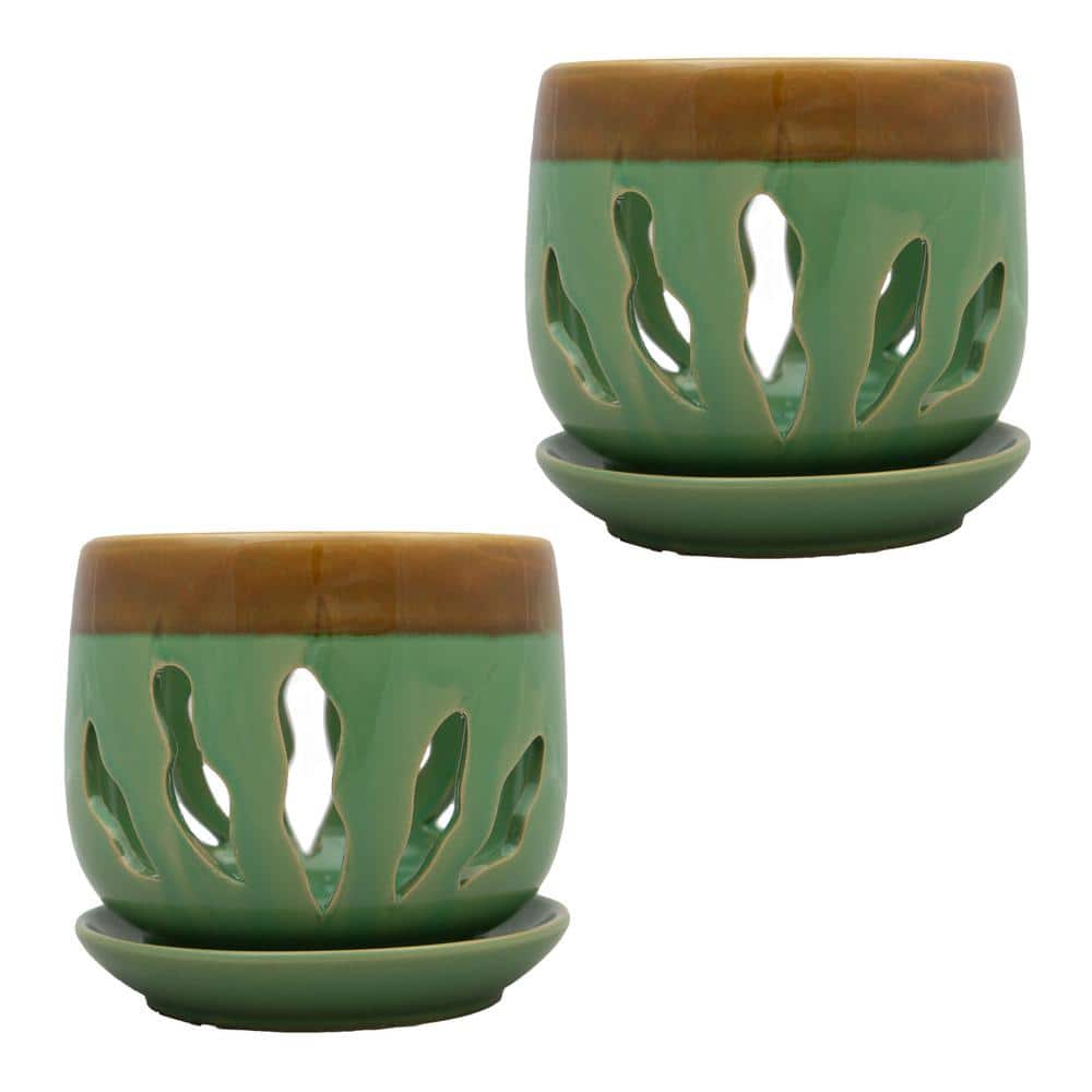 5 in. Green Ceramic Lilly Design Orchid Pot Twin Pack - Hercitys