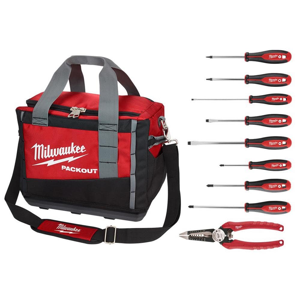 15 in. PACKOUT Tool Duffle Bag with 6-in-1 Wire Strippers Pliers and Screwdriver Set (10-Piece) - Hercitys