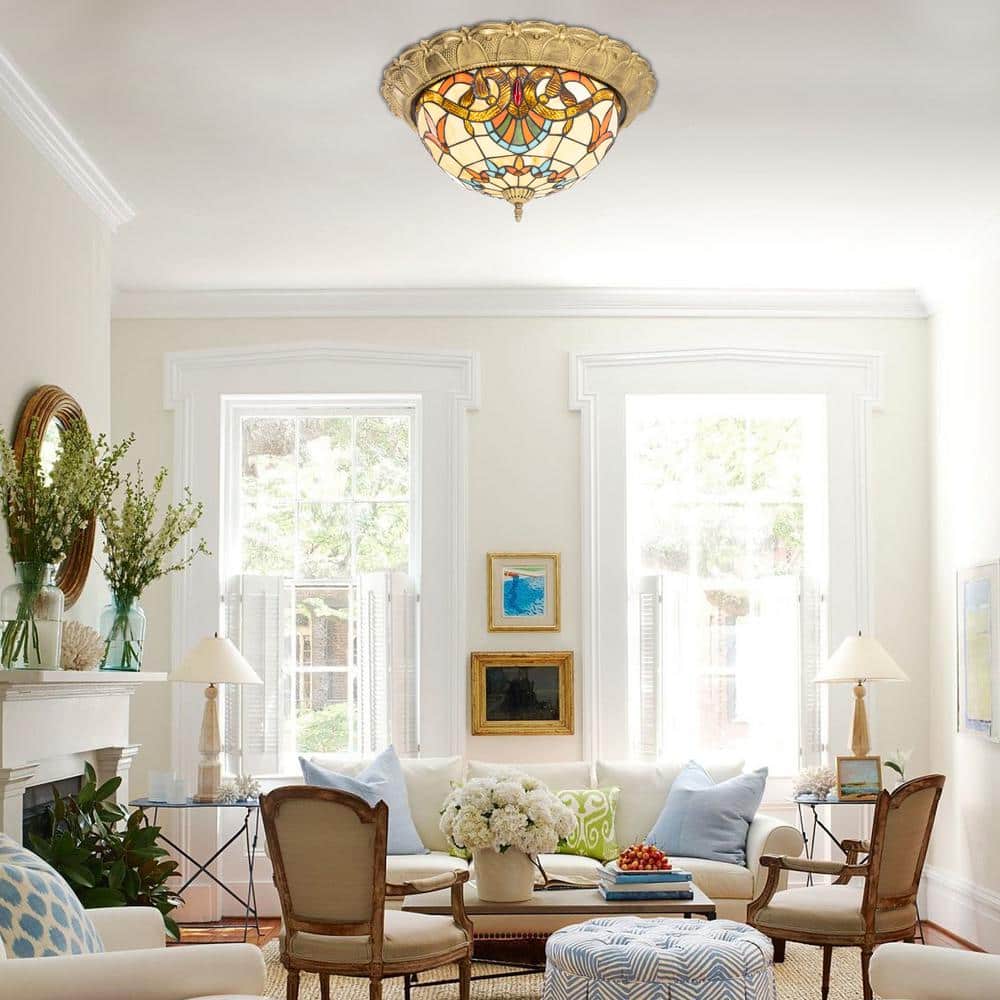 20.47 in. 36-Watt Gold European LED Flush Mount Ceiling Light with Stained Glass Shade - Hercitys