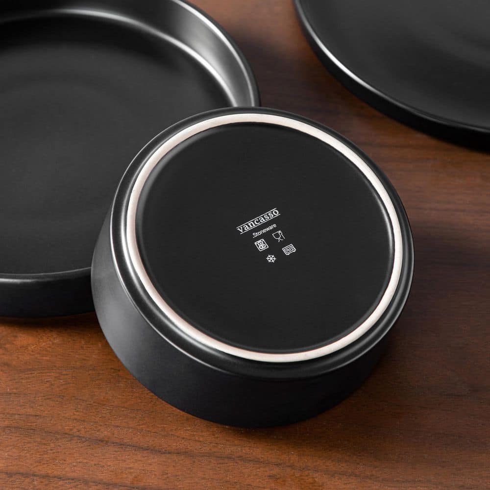 12-Piece Matte Black Stoneware Dinnerware Set Service for 4-Bowls and Plates Set Round Tableware Set - Hercitys