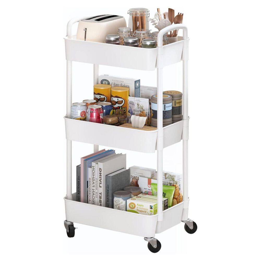 3-Tier Plastic -Wheeled Storage Utility Cart in White - Hercitys