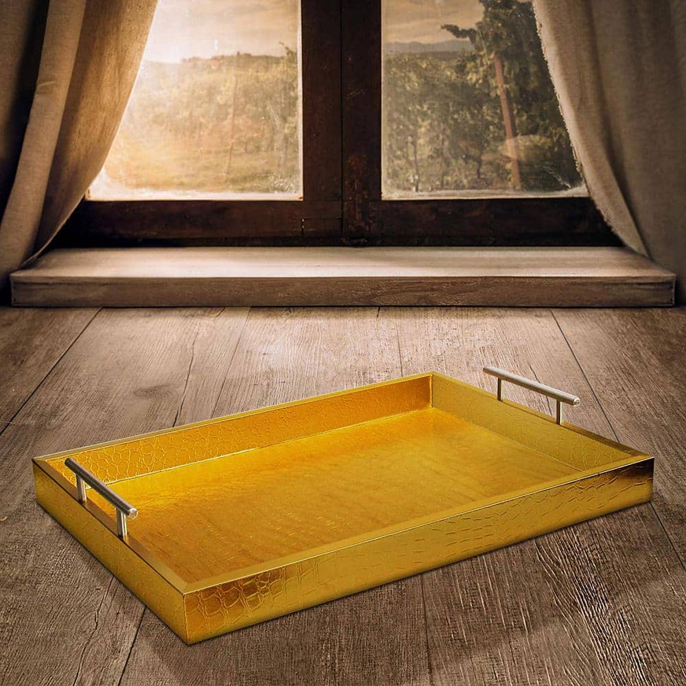 19 in. x 3 in. x 14 in. Alligator Gold MDF Rectangle Serving Tray with Handles - Hercitys