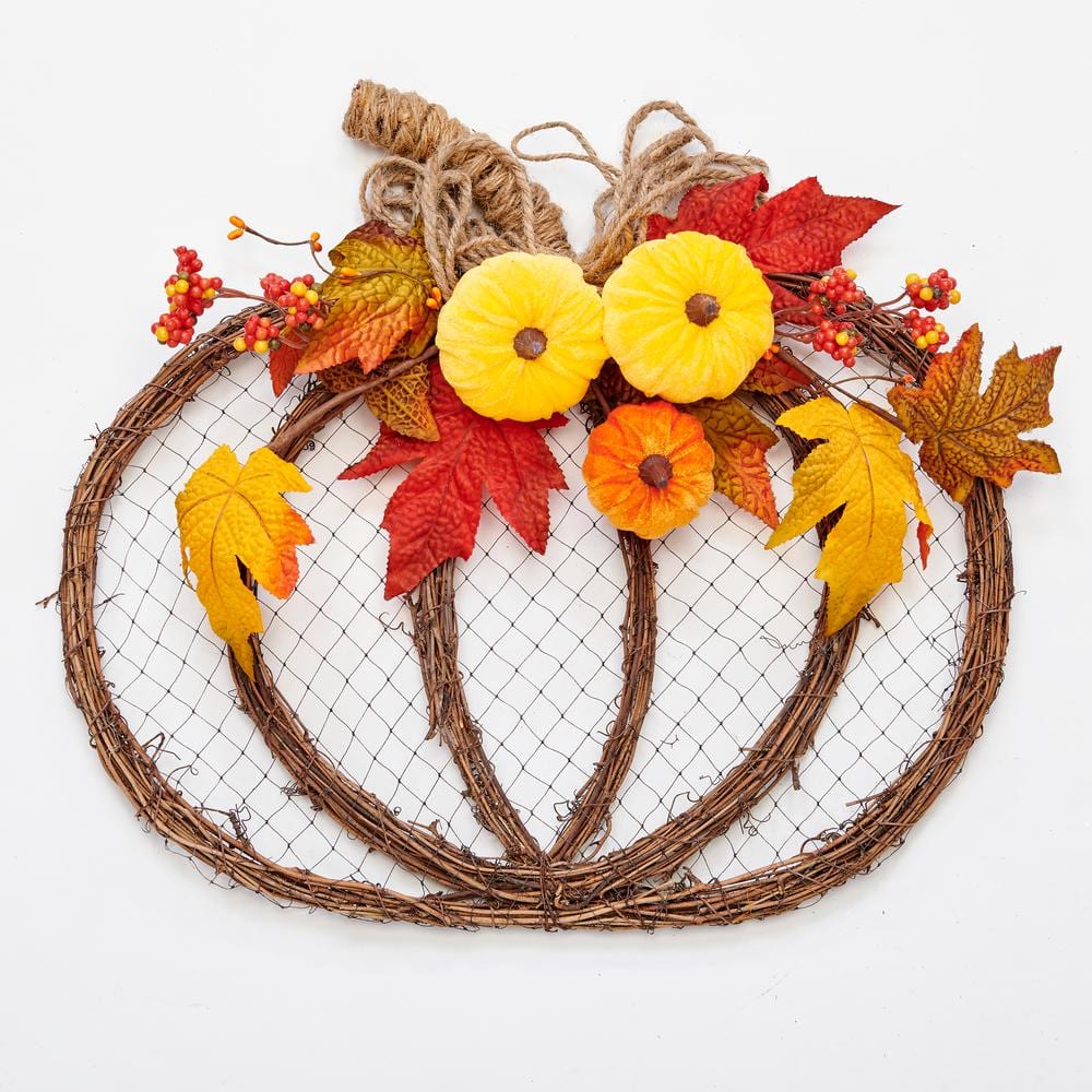 18 in. x 16 in. Flat Rattan Velvet Pumpkin Hanging Twig Decoration - Hercitys