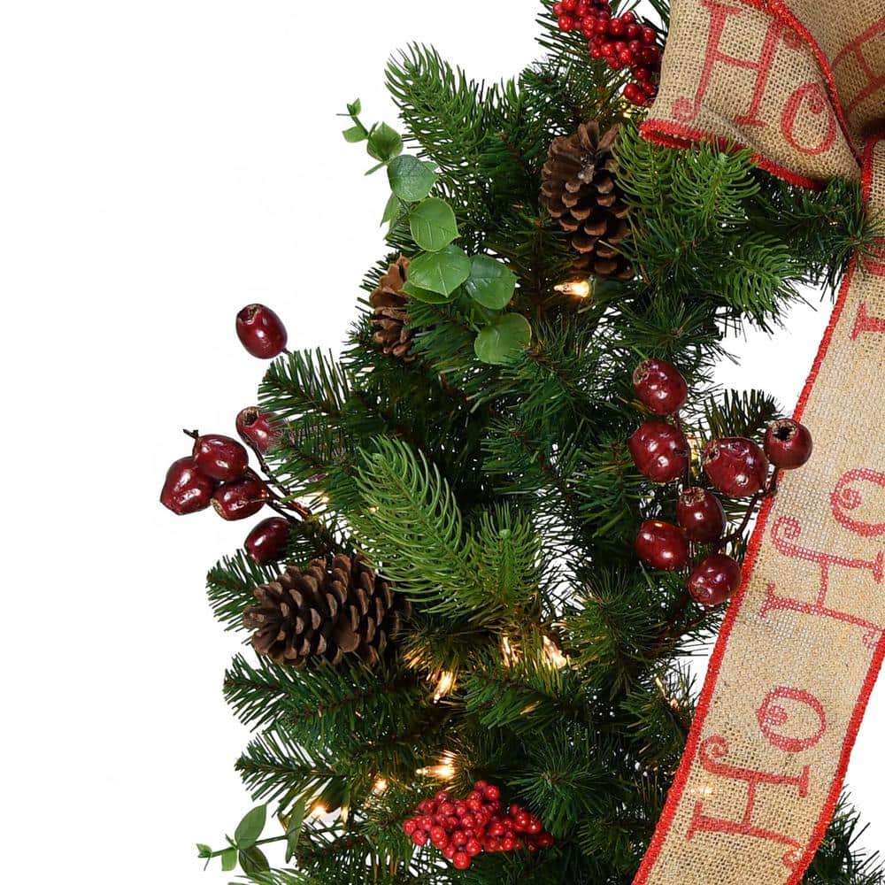 24 in. Green Prelit Artificial Christmas Wreath with Pinecones, Red Berries and Ribbon - Hercitys