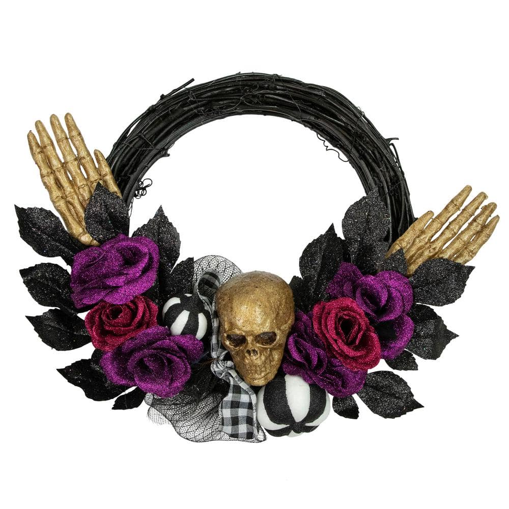 22- Inch Skull with Hands and Purple Roses Unlit Twig Halloween Wreath - Hercitys