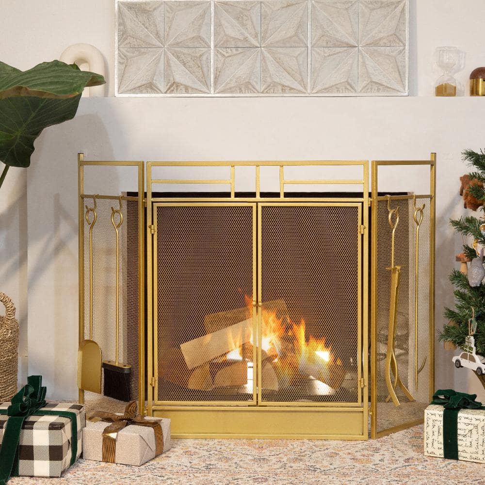 48 in. Fireplace Screen Gold 4-Panel Fire Spark Guard Hinged Doors with Fireplace Tools - Hercitys