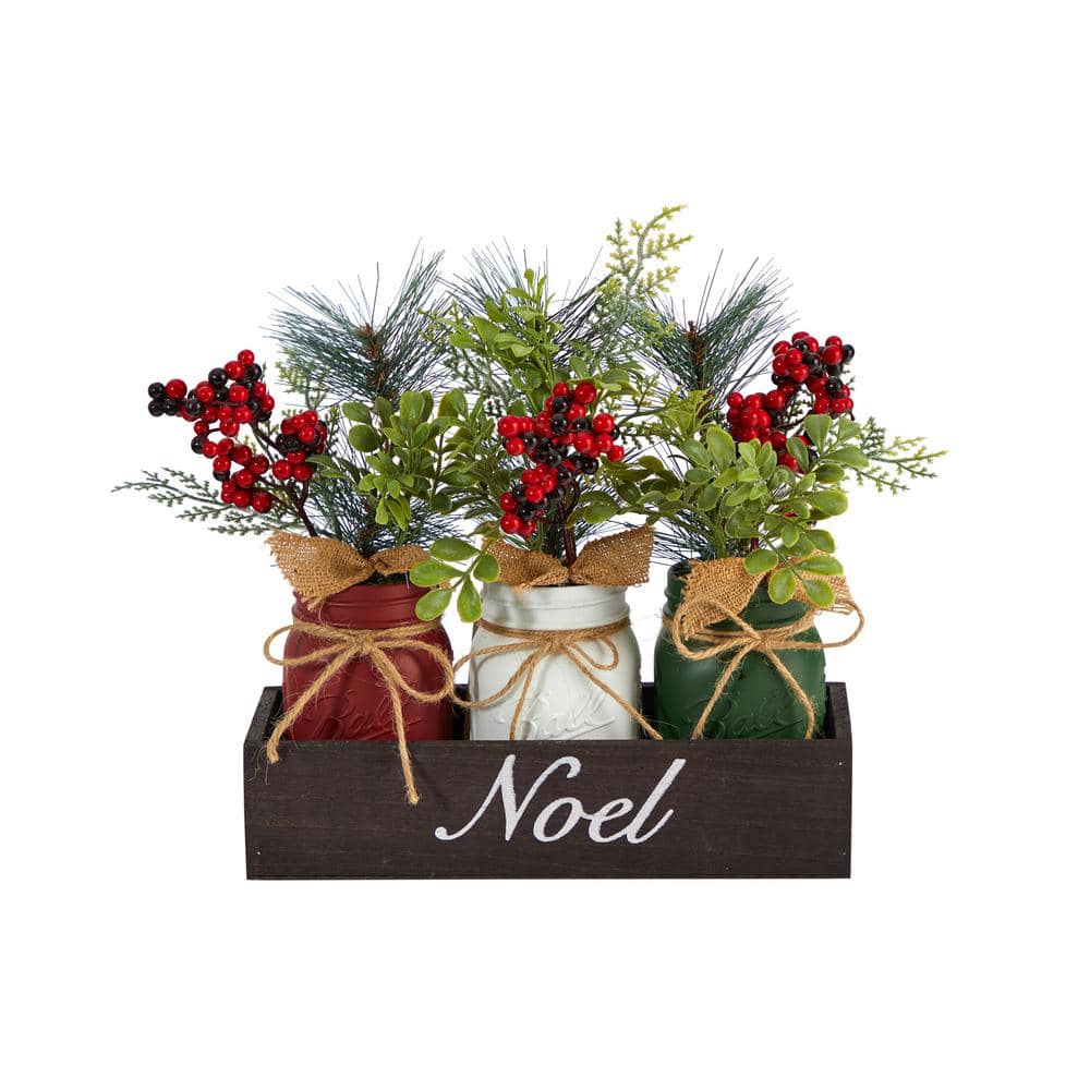 12 in. Unlit Holiday Winter Pine and Berries 3-Piece Mason Jar Noel Table Christmas Artificial Arrangement Decor - Hercitys