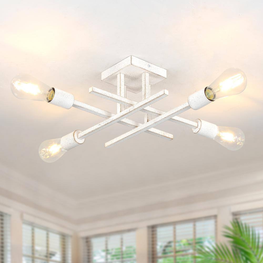 18.11 in. 4-Light White Dimmable Sputnik Linear Semi Flush Mount Chandelier for Living Room Kitchen Island Dining Room - Hercitys
