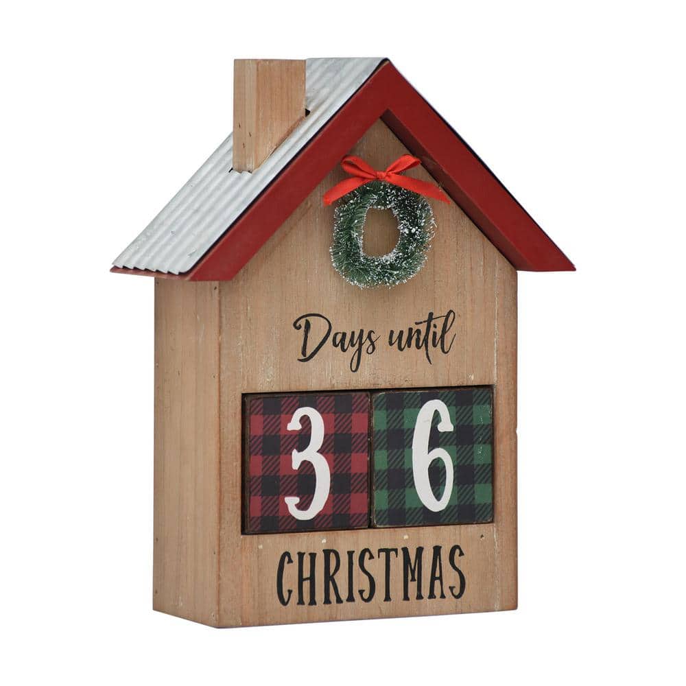 10 in. Brown Wood and Metal House Shaped Christmas Countdown Calendar with Changeable Numbers - Hercitys