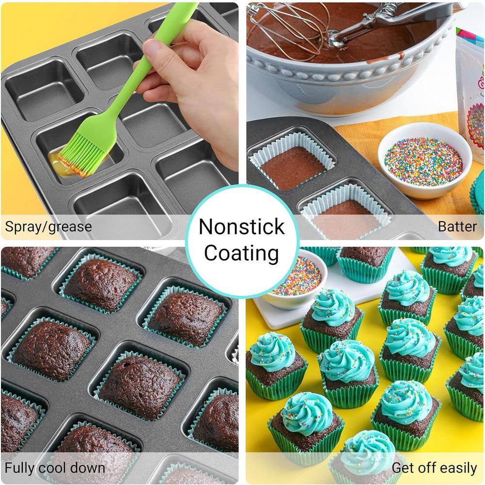 2-Piece Black Square Cupcake Brownie Pans, 12-Mini Cavity Non Stick Baking Pan, Bakeware Set with Dividers - Hercitys