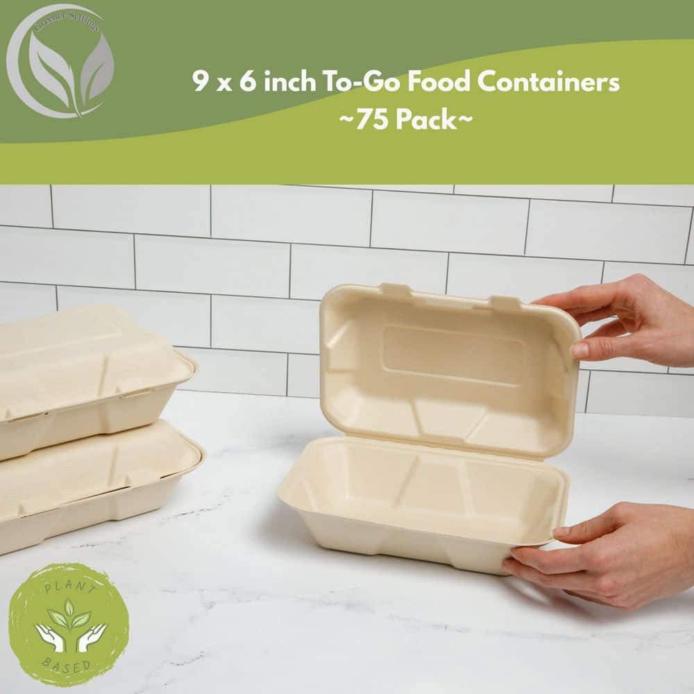 100% Compostable Paper Take-Out Container 9 in. x 6 in. Clamshell [75-Pack] - Hercitys