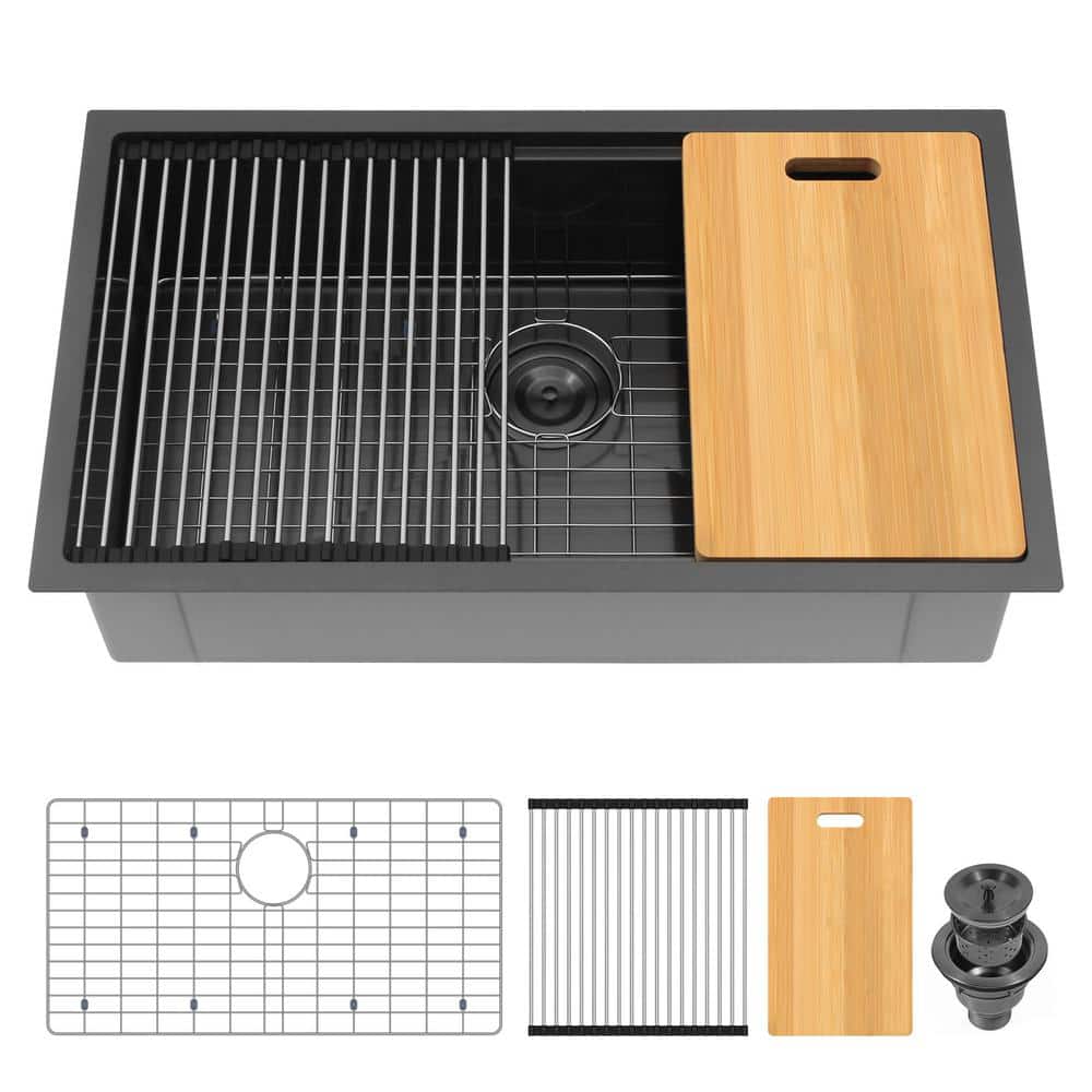 32 in. Gunmetal Black Undermount Workstation Sink, 16 Gauge Stainless Steel Single Bowl Kitchen Sink with Accessories - Hercitys