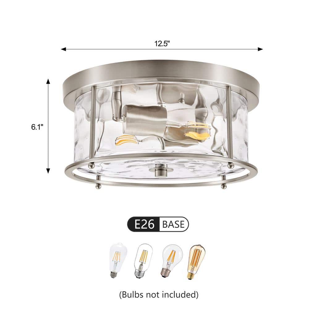 12.5 in. 2-Light Nickel Flush Mount Water Ripple Glass Ceiling Light with Metal Frame - Hercitys