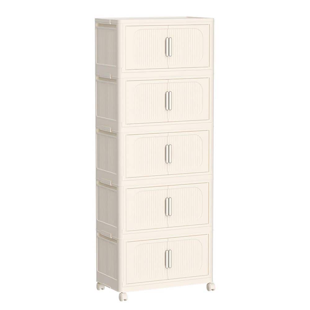 5 Tiers Kitchen Pantry, Folding Storage Cabinet, Collapsible Storage Bins with Magnetic Door and Wheels in Cream White - Hercitys