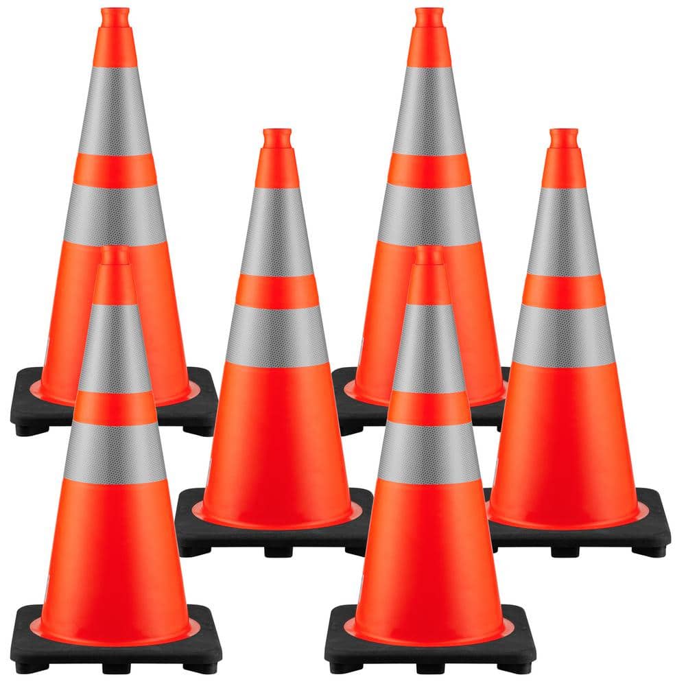 28 in. H Orange PVC Reflective Traffic Safety Cones with Black Base (6-Pack) - Hercitys