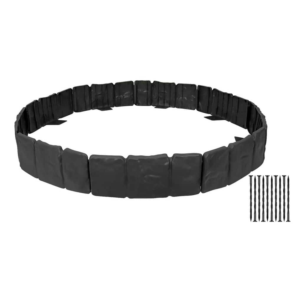 16 ft. Black Stone Effect Plastic Lawn Edging with Anchoring Spikes, 20-Pieces - Hercitys